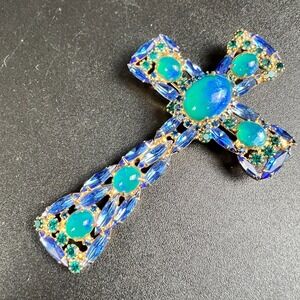 LG ALICE CAVINESS Royal Blue Teal Glass Cabochon Necklace-Pendant combo Rare Wow